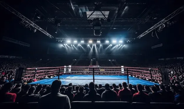 Boxer in the ring with a packed arena crowd during a world title fight