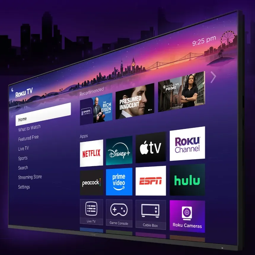 Smart TV displaying a streaming app interface — movies, series and sports