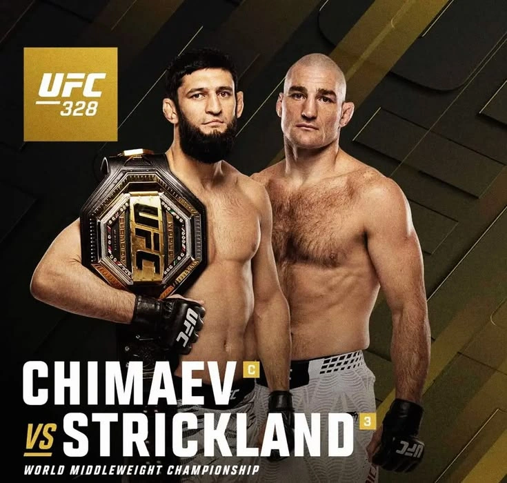 UFC 328 official poster — Chimaev vs Strickland 3, World Middleweight Championship, gold design