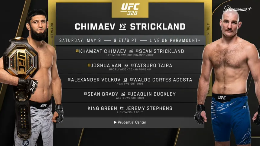 UFC 328 official broadcast card — all bouts, Chimaev vs Strickland main event, live on Paramount+, Saturday May 9 Newark