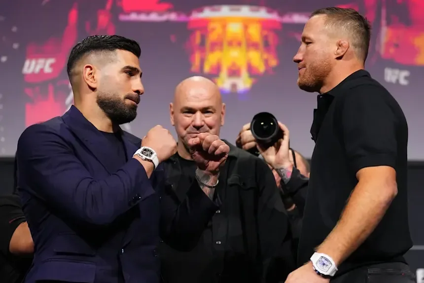 Ilia Topuria vs Justin Gaethje face off at UFC Freedom 250 press conference with Dana White