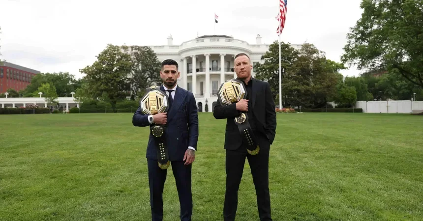 Ilia Topuria and Justin Gaethje stand on the White House lawn holding UFC belts — UFC Freedom 250