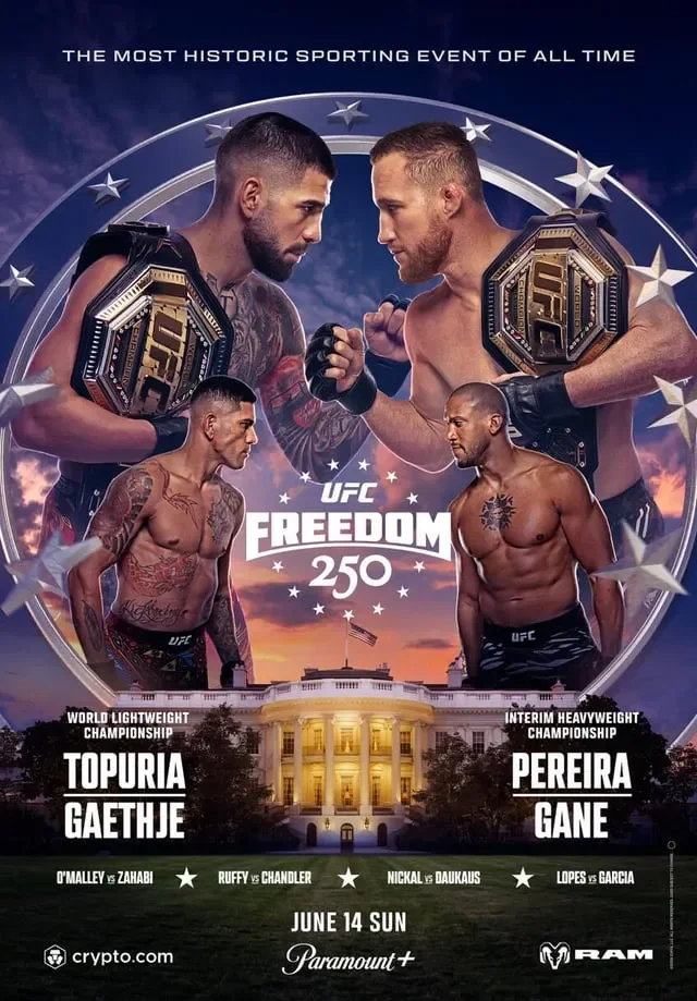 UFC Freedom 250 official poster — Topuria vs Gaethje, Pereira vs Gane, June 14 White House
