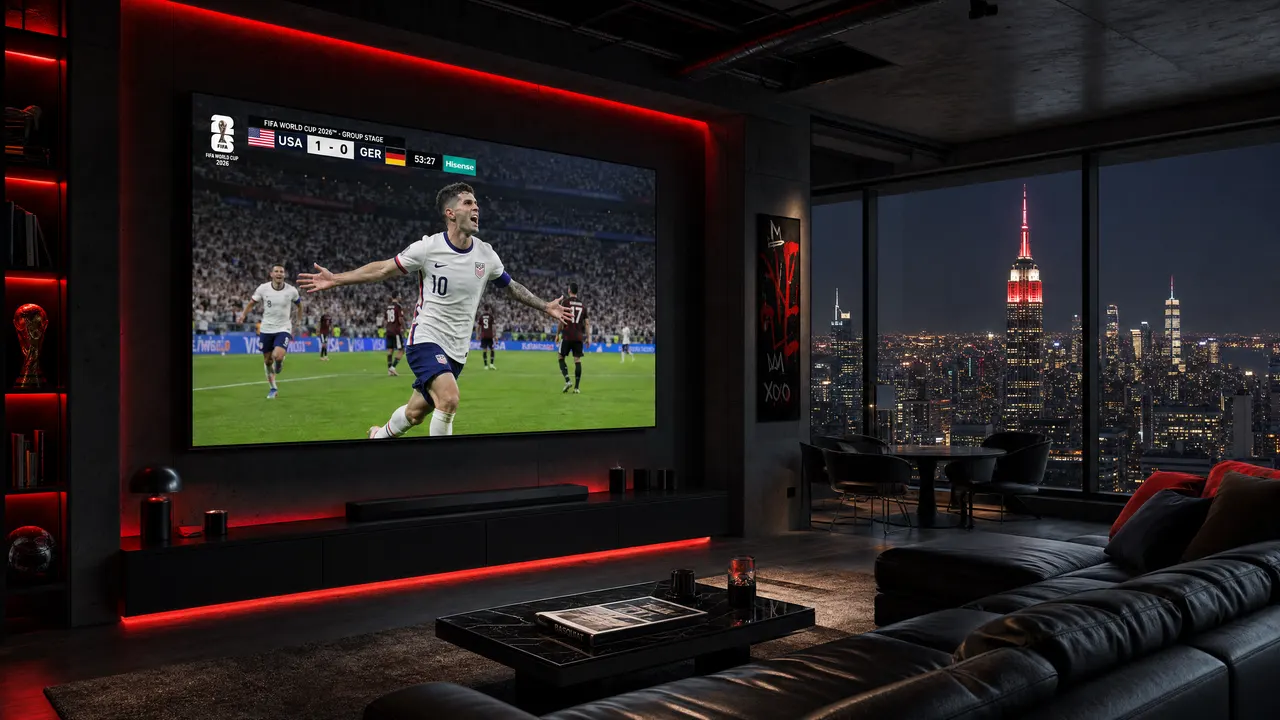 NYC apartment with 4K TV showing World Cup 2026 match USA vs Germany