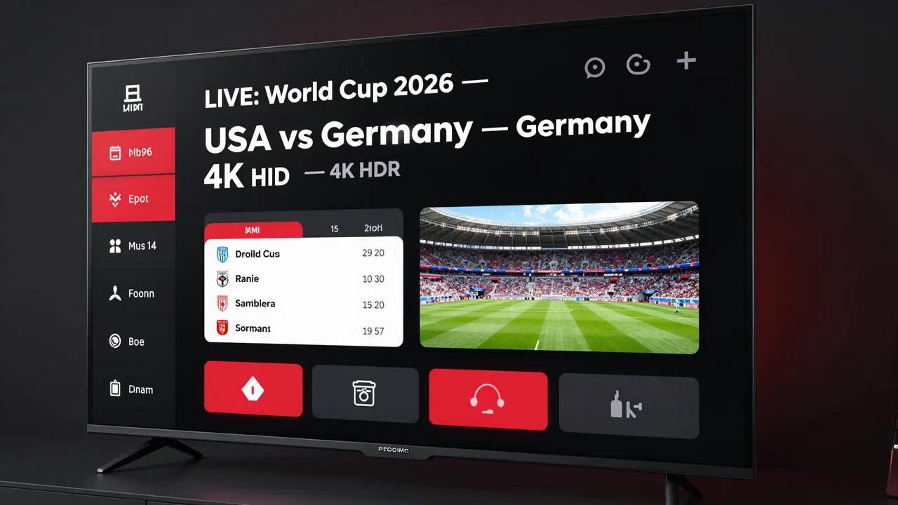 Premium 4K streaming dashboard showing World Cup 2026 live on Smart TV